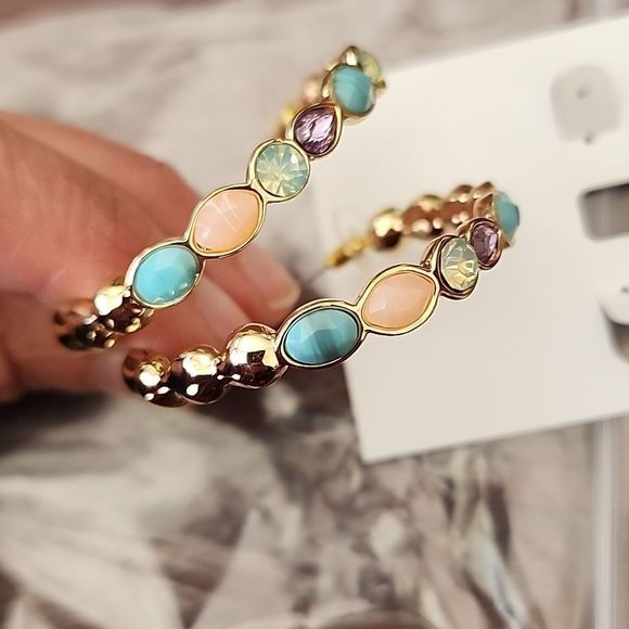 Gold-Tone Mixed Stone Open Hoop Earrings, Created Style & Co - Picture 2 of 5